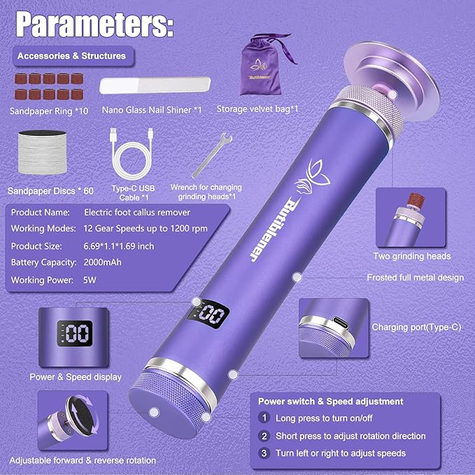 Electric Callus Remover for Feet, Cordless Foot File Pedicure Tool, Foot Sander Nail Grinder with 60+10PCS Sandpapers for Dead Skin Dry Calluses, 3 in 1 Foot Scrubber & Nail File (Purple)