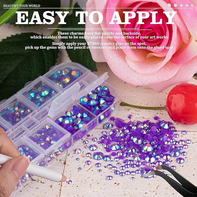 5000PCS Resin Rhinestones with Tweezers for Crafting, 2/3/4/5/6mm Flatback Jelly Rhinestones, 3 Box Dark Purple AB Non Hotfix Crystal Gems for DIY Crafts Mugs Tumblers Clothes Makeup Nail