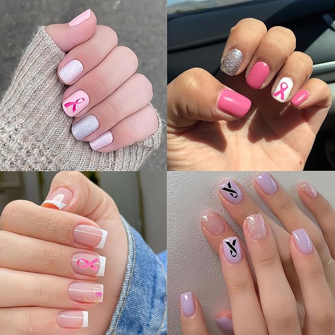 Breast Cancer Nail Art Stickers Pink Ribbon Nail Decals 3D Self Adhesive Nail Decals Love Heart Bow Pink Ribbon Design Nail Sticker Breast Cancer Awareness Nail Supplies for Women Decoration 6 Sheets