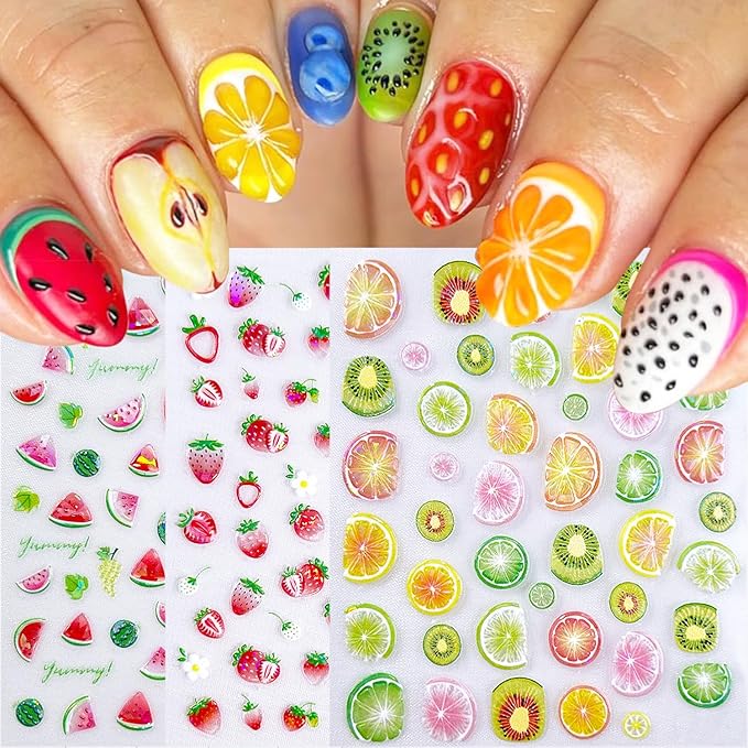 3 Sheets Summer Fruit Nail Stickers for Nail Art 5d Self-Adhesive Cute Flower Strawberry Nail Decals with Laser Designs Watermelon Grapes Nail Art Sticker Kiwi Lemon Nail Decal for Women Nails Supply