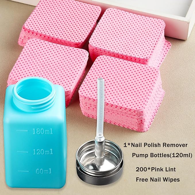 Pump Bottle Dispenser 180ml Nail Polish Remover Pump Metal Push Down Pump Dispenser 200Pcs Lint Free Nail Wipes Alcohol Dispenser Eye Makeup Remover Pump Push Down Empty Bottle -Blue