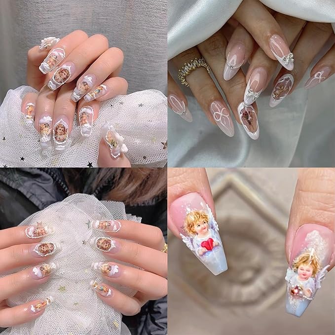 8 Sheets Angel Nail Art Stickers 3D Self-Adhesive Rose Flowers Nail Stickers Decals Cupid Love Heart Wings Nail Art Design Stickers Valentine's for Women Acrylic DIY Manicure Decorations