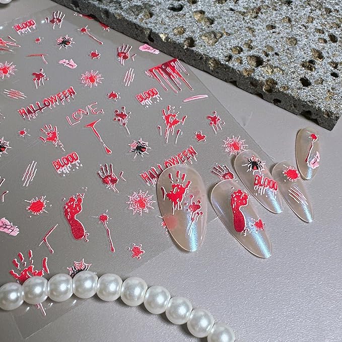 1 Sheets Halloween Nail Stickers for Nail Art Embossed Bloody Handprint Nail Art Stickers Blood Drop Spider Gothic Nail Decals 5D Self-Adhesive Bloody Footprints Nail Design Decals for Women