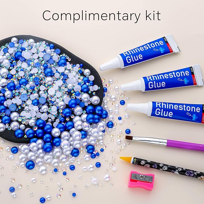 60g Blue White Pearls Rhinestones for Crafts Mixed Size 3mm-10mm AB Color Round Half Pearls Flatback Pearl Beads and Resin Rhinestones Set for Face Art with Gel