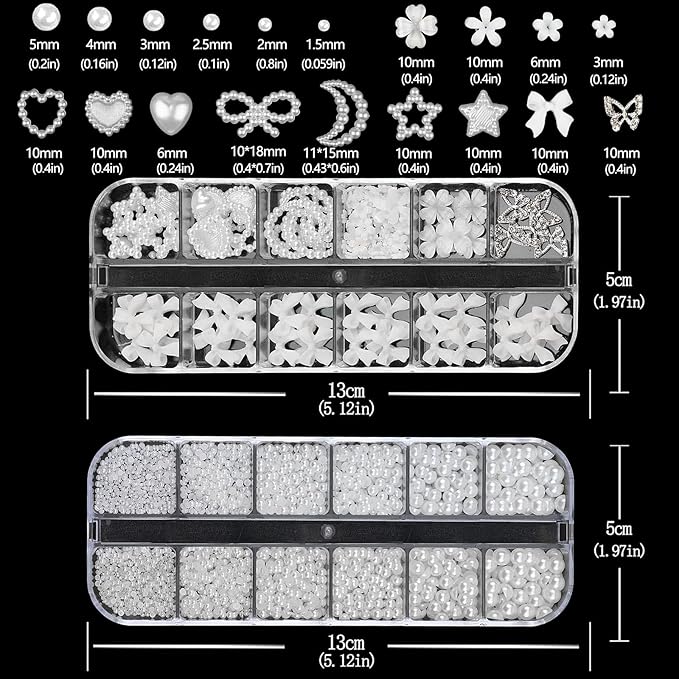Nail Art Pearls with Glue Gel Flatback Pearls White Bow Nail Charms Heart Butterfly Nails Gems Pearls Accessories for Women Nails Design Decoration