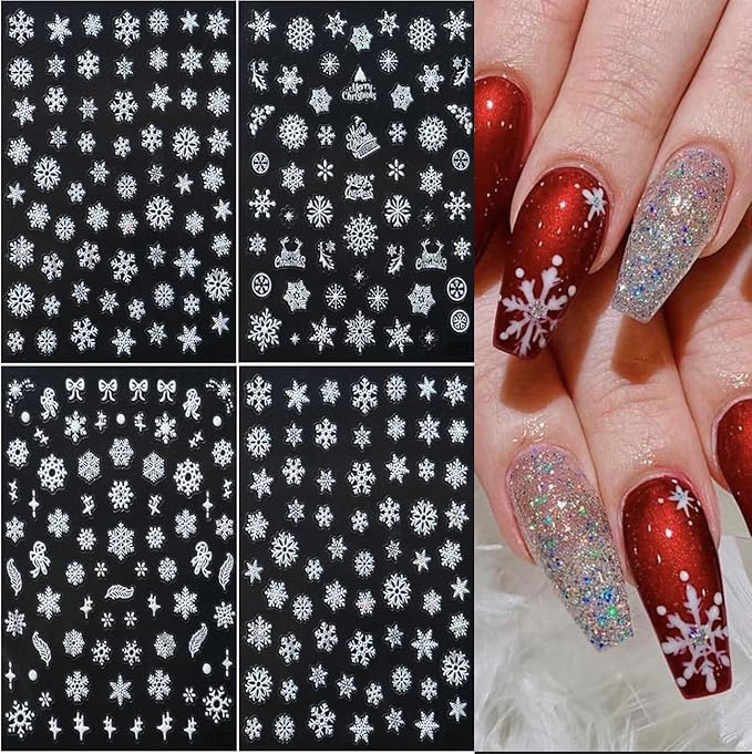 4Sheets Self-Adhesive White Snowflake Nail Art Stickers 3D Embossed Christmas Nail Decals Snowflakes Nail Stickers with Shell Light Design Nail Decal White Bow Star Nail Sticker for Women Nails Decor