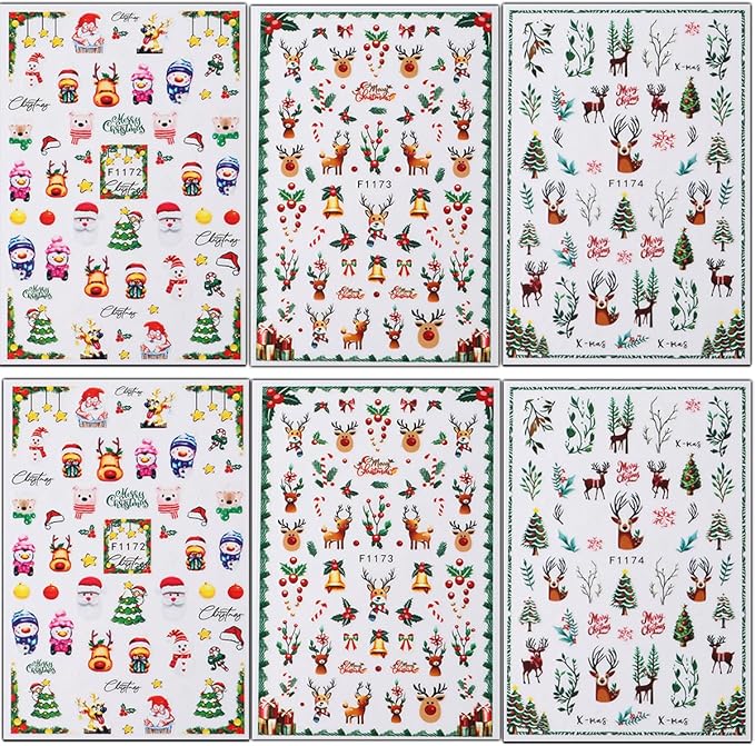 6Pcs Christmas Nail Stickers 3D Christmas Tree Elk Snowman Nail Stickers for Nail Art DIY Self Adhesive Nail Decals Red Fruit Cute Nail Decoration Supplies Holiday Manicure Accessories for Women