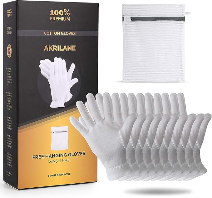 AKRILANE 1 Size 5 Pairs Cotton Moisturizing Gloves for Dry Hands | Eczema, Psoriasis & Skin Spa Treatment for Women & Men | Washable & Reusable with Free Laundry Bag