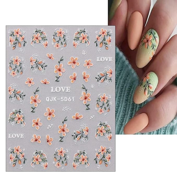 JMEOWIO 6 Sheets 3D Embossed Spring Flower Nail Art Stickers Decals Self-Adhesive Pegatinas Uñas 5D Colorful Summer Floral Lavender Nail Supplies Nail Art Design Decoration Accessories
