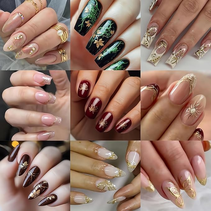 8 Sheets Fall Nail Art Stickers Maple Leaf Nail Decals 3D Self-Adhesive Glitter Gold Flower French Butterfly Nail Design Nail Supplies Thanksgiving Holiday Nail Art Decoration for Women Manicure Tips