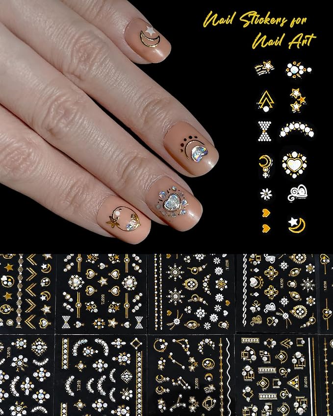 60 Sheets Nail Stickers for Nail Art, Self Adhesive Nail Decals with Colorful and Gold Nail Charms and Gems Nail Art Stickers, Nails Supplies for Nails Design Kit