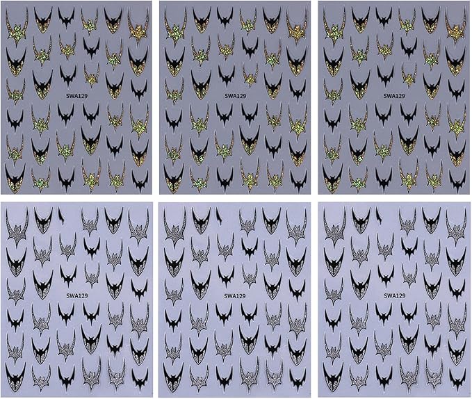 6 Sheets Halloween Nail Art Stickers 3D Self -Adhesive Bat Nail Decals Holographic Hot Stamping Gold Silver Bat Nail Stickers Halloween French Nail Decoration for Women Manicure Supplies