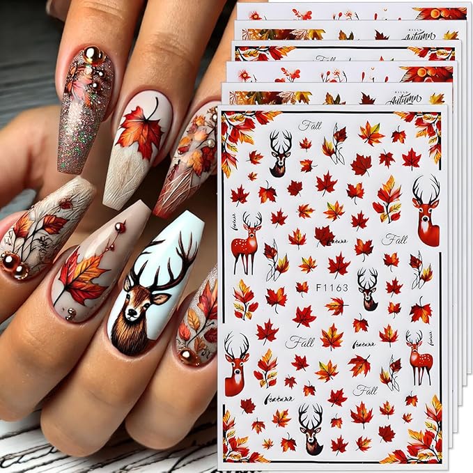 Fall Nail Art Stickers Decals 3D Autumn Maple Leaf Nail Stickers Self-Adhesive Nail Art Supplies 6PCS Autumn Leaves Deer Fall Nails Design Manicure Sliders for Women Thanksgiving Day Nail Decorations