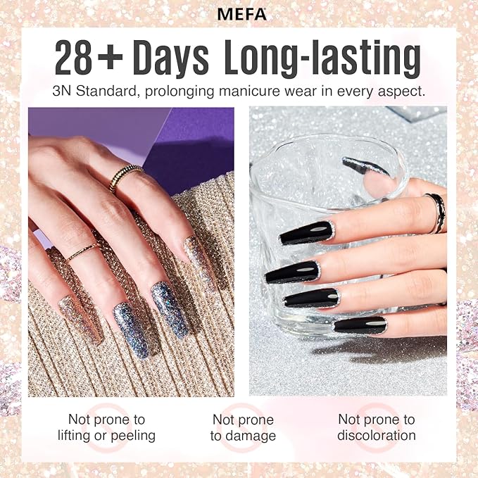 MEFA Glitter Gel Nail Polish Set 6 Colors, Chrome Platinum Sparkly Shiny Black Silver Champagne Turquoises Gel Polish Kit Soak Off Nail Art Design Salon at Home DIY Manicure Kit Gifts for Women