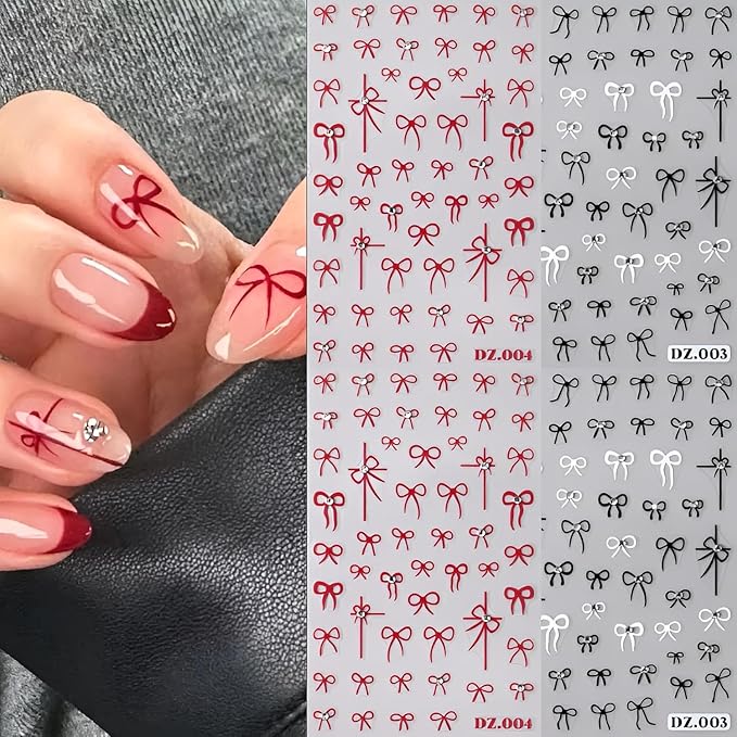 4 Sheets Bow Nail Stickers, 5D Embossed White Black Red, DIY Acrylic Nails, Bow Nail Supplies for Women