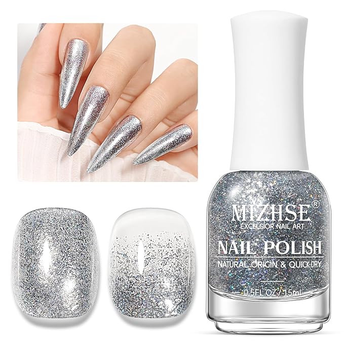 MIZHSE Quick Dry Glitter Silver Nail Polish, Classic Nail Polish Air Dry Fast, 15ml High Glossy Sparkly Shiny Shimmery Nail Art Salon Manicure Home