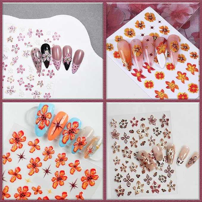 Hawaiian Flowers Nail Stickers 5D Embossed Lily Flower Stickers for Nails Hibiscus Floral Decals Leopard Floral Nail Design Pegatinas para Uñas for Women Girls DIY Manicure Decorations 4 Sheet