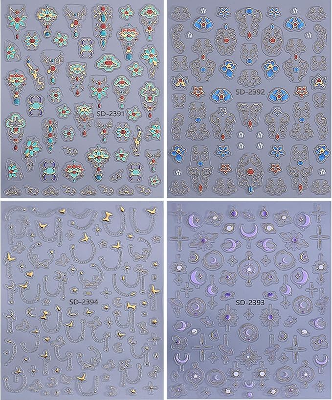 4 Sheets Embossed Nail Decals for Nail Art 5D Gems Designs Nail Art Stickers Purple Moon Star Nail Stickers Self-Adhesive Gold Chain Butterfly Nails Decal for Women DIY Manicure Decors