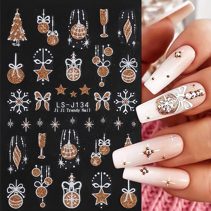 6 Sheets Glitter Christmas Nail Art Stickers 3D Self-Adhesive Snowflake Christmas Tree Nail Stickers Christmas Bell Ball Elk Nail Decals Acrylic Nail Supplies for Women Girls DIY Manicure Decoration