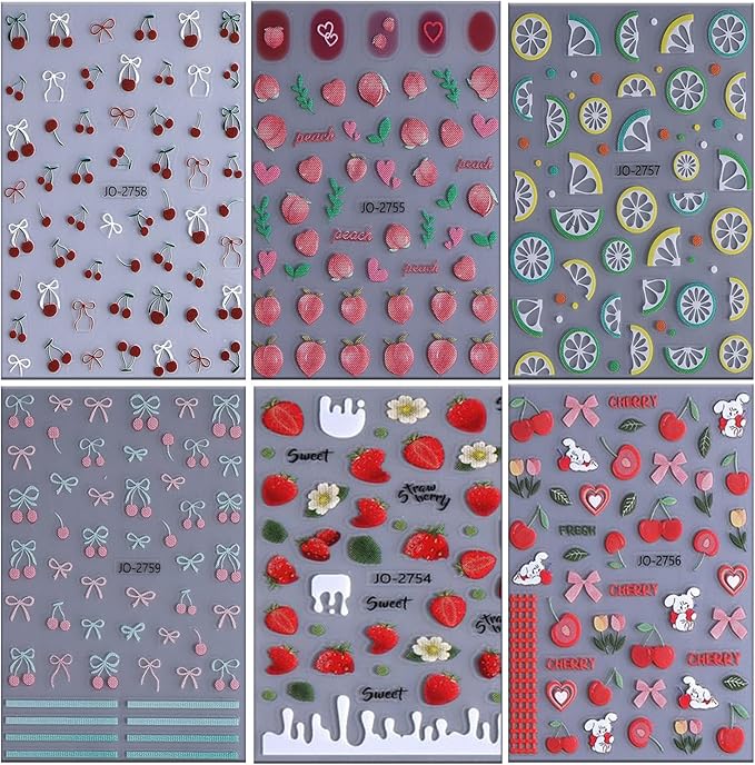 6 Sheets Fruit Nail Art Stickers 3D Self -Adhesive Cherry Strawberry Nail Decals Holographic Lemon Peach Nail Stickers Summer Cute Fruite Nail Decals Decoration for Women DIY Manicure Supplies