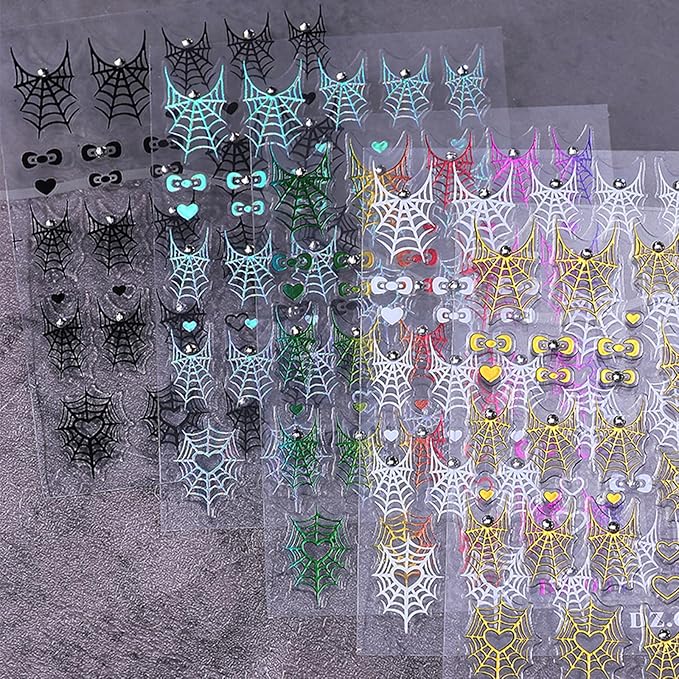 4 Sheets Halloween Spider Web Nail Art Stickers 5D Embossed Halloween Nail Decals with Rhinestone Colorful Spider Web Spider Bow Love Heart Nail Design Adhesive Stickers for Women Decorations Supplies