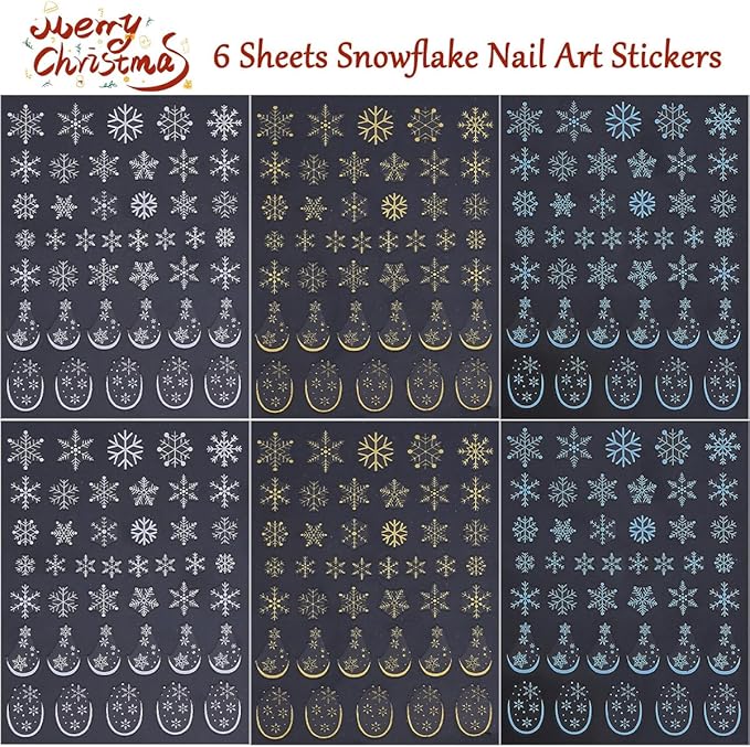 Christmas Nail Art Stickers 6 Pcs Snowflake Nail Stickers 3D Self-Adhesive Winter Nails Decals Blue Gold White Snowflake Nails Designs Stickers Holiday Nails Supplies for Women Xmas DIY Manicure Decor