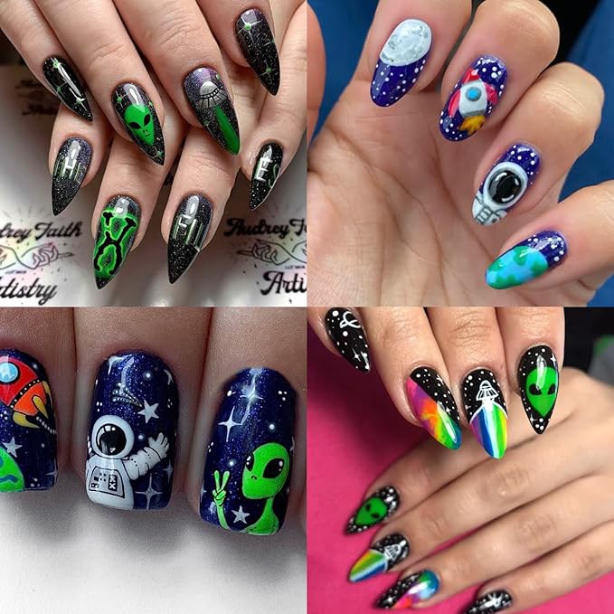 Alien Nail Art Stickers - Glow in The Dark ET UFO Astronaut Rocket Design Self-Adhesive Nail Decals for DIY Extraterrestrial Space Moon Star Manicure (6 Sheets)