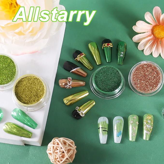 Allstarry Green Chrome Nail Powder, 4 Colors Mirror Effect Metallic Pigment Manicure Holographic Glitter Dust Kit for Gel Polish St Patricks Day Nail Art St Patty's Day Accessories - Forest Afterglow