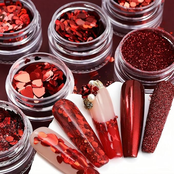 Heart Nail Art Glitter Red Valentines Day Nail Sequins Flakes, Red Manicure fine Glitter Powder, 3D Holographic Round Hexagon Nail Stickers Decals Supplies Nail Charms for Women 6 Box