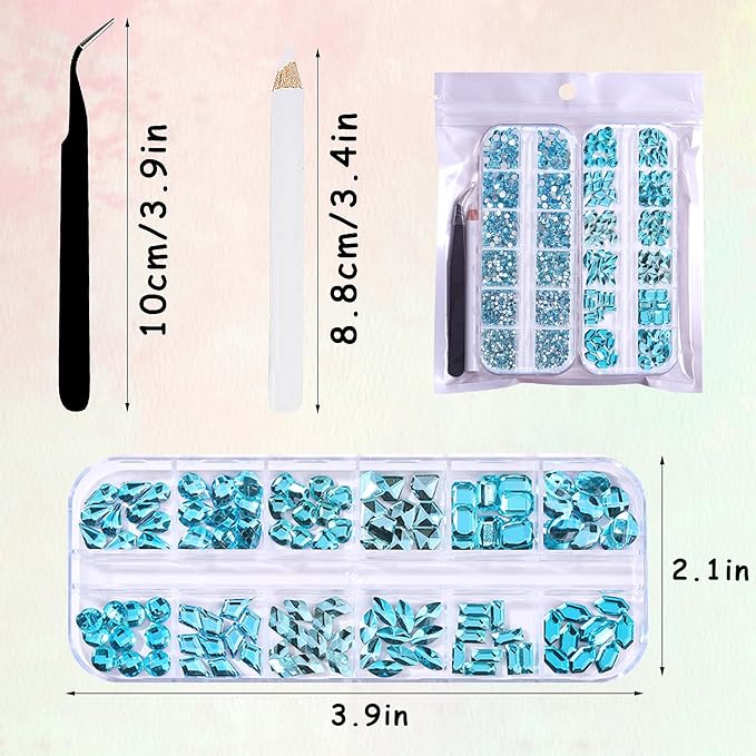 3120 Lake Blue Diamond Nail Rhinestones, HOINCO Crystal Nail Rhinestones, 3D Mixed Size Crystal AB Flat Bottom Gemstone for Nail Art DIY Craft Decoration with Crayon Tweezers