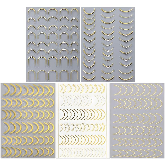 Rhinestone Studded French Line Nail Art Stickers - Shiny Gold Self-Adhesive Multiple Thicknesses and Radians Stripes, Curved Stripes Nail Decals, French Tips Guides for DIY Manicure (5 Sheets)