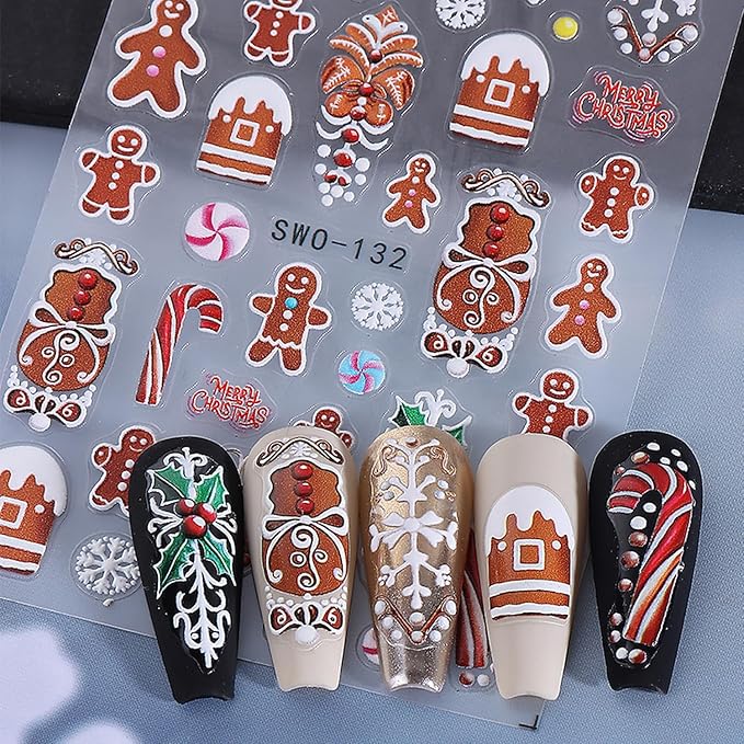 5 Sheets Christmas Nail Art Sticker Snowman Elk Christmas Tree Gingerbread Man Design Winter Xmas Self-Adhesive Snowflake Santa Claus Nail Stickers Decals for Nails Supplies Christmas Nail Decoration