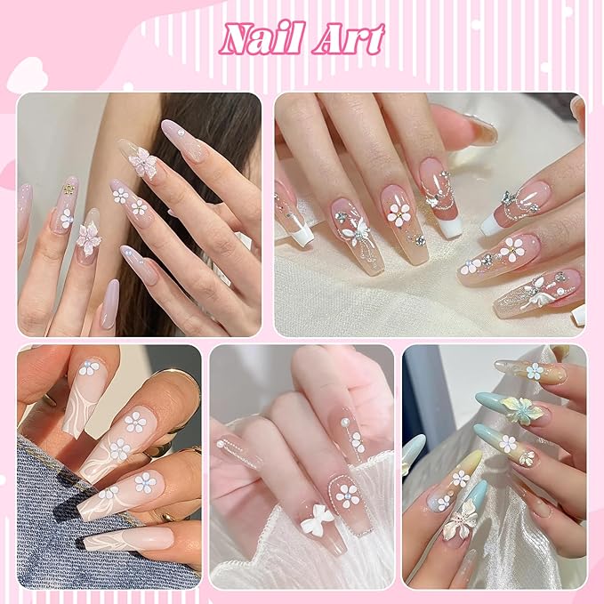 500Pcs Flower Nail Charms Kit, 400Pcs 3D White Flowers Petals and 100Pcs Round Pearls with Gold Metal Caviar Beads Bubble Beads, Cherry Blossom Petal Tiny Gems Mixed Rhinestone for Nails DIY