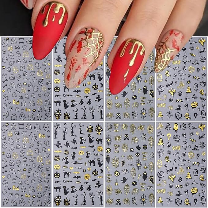 8PCS Halloween Nail Stickers for Nail Art - 3D Metallic Spider Web, Ghost, Pumpkin, Skull, Stars, Cat Designs - Black Gold DIY French Manicure Decor
