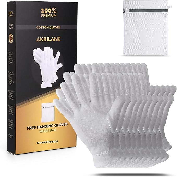 1 Size 10 Pairs 100% Premium Cotton Gloves for Dry Hands | Moisturizing Overnight Gloves for Eczema, Psoriasis & Skin Spa Treatment for Women & Men | Washable & Reusable with Free Laundry Bag