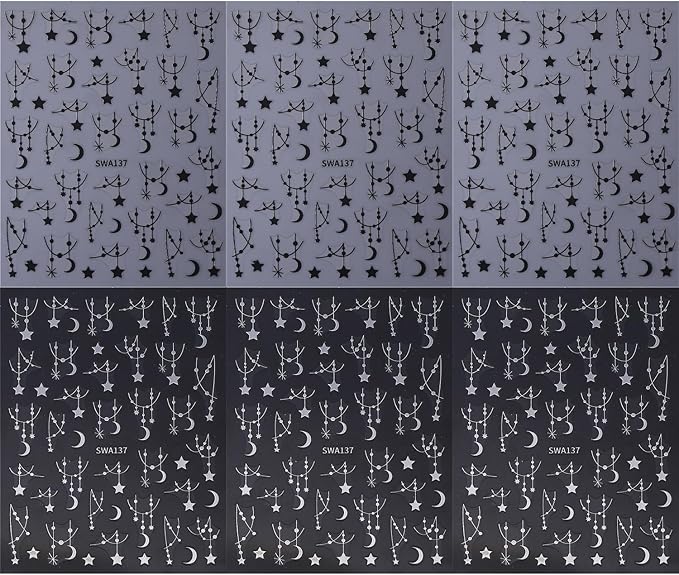Star Nail Stickers for Nail Art 3D Self-Adhesive Moon Nail Decals Black Silver Star Nail Art Stickers for Women 6 Sheets