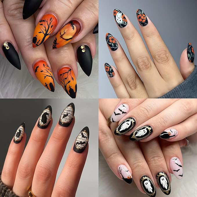 8 Sheets Halloween Nail Art Stickers Cute Ghosts Nail Decals Spooky Black Cat Flower Mirror Ghost Spider Web Design Pumpkin Bat Spider Nails Supplies Flower Ghost Nail Decor for Women DIY Manicure