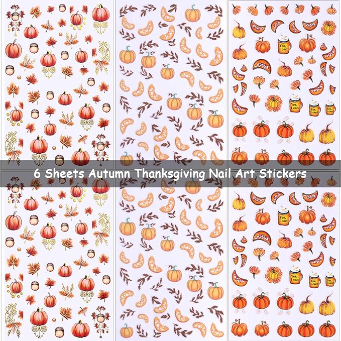 6 Sheets Fall Nail Art Stickers Pumpkin Fall Maple Leaf Nail Decals Fallen Leaves Nails Designs 3D Self-Adhesive Thanksgiving Nails Stickers Autumn Nail Art Supplies for Women DIY Manicure Art Kit
