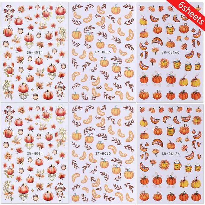 Fall Nail Art Stickers Autumn Leaf Pumpkin Nail Decals 3D Self-Adhesive Nail Art Supplies 6PCS Maple Leaves Pumpkin Nails Design Fall Stickers for Nails Women DIY Manicure Decorations Accessories