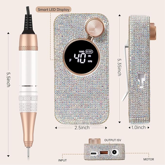 Electric Nail Drill,40000RPM Cordless Nail File Diamond with 12 Drill Bits for Acrylic Nails Gel Polishing,E File Nail Kit Machine for Manicure Salon Home (AB White Diamond)