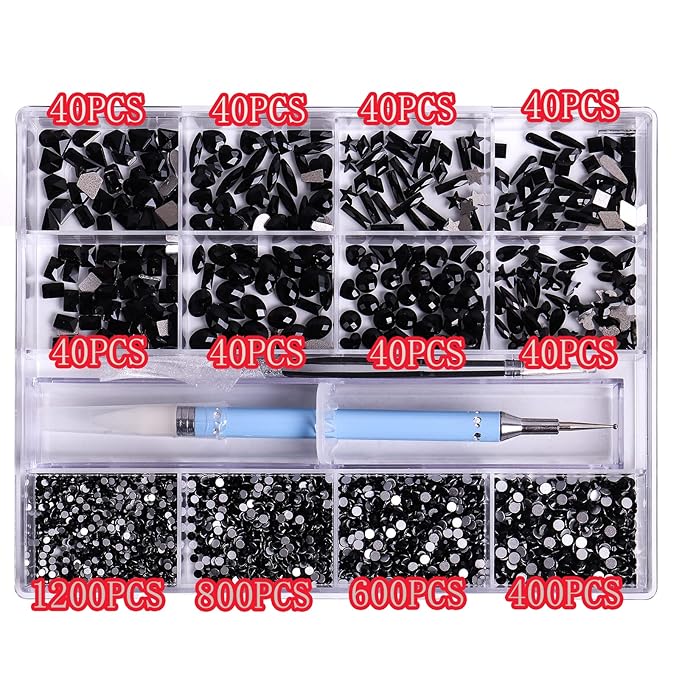 3320Pcs Black Nail Art Rhinestones Crystal,HOINCO 3D Rhinestones Gems Jewels Diamond,24 Types of 320 Diamonds + 3000 Round Beads, Crystals 3D Flat Back Gemstones for Nail DIY Crafts with Tweezers Pen