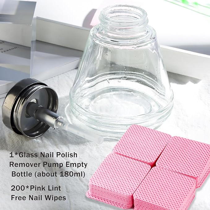 Pump Bottle Dispenser 180ml Clear Nail Polish Remover Pump Glass Metal Push Down Pump Dispenser 200Pcs Lint Free Nail Wipes Alcohol Dispenser Eye Makeup Remover Pump Push Down Empty Bottle