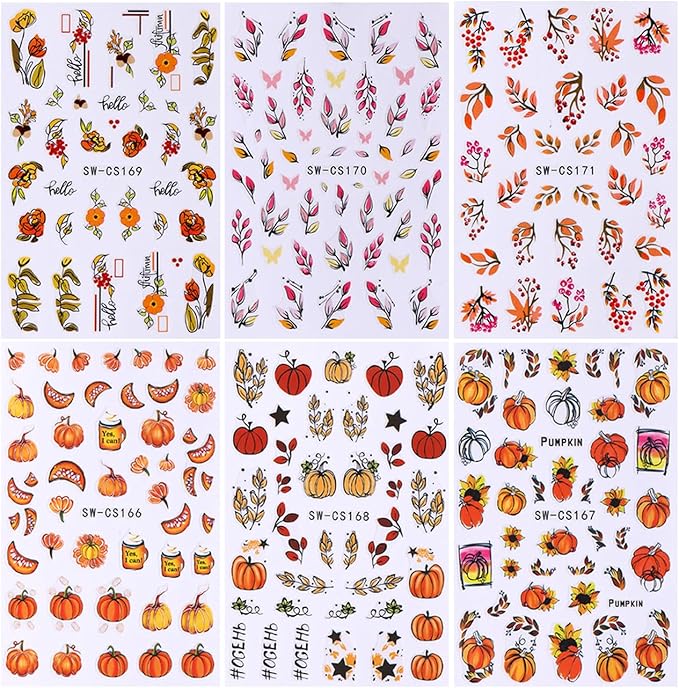 Autumn Leaf Nail Sticker - Fall Pumpkin Decals 3D Self-Adhesive Cute Leaves Supplies Thanksgiving Day Art Design DIY Manicure Decoration Tip Accessories 6 Sheets