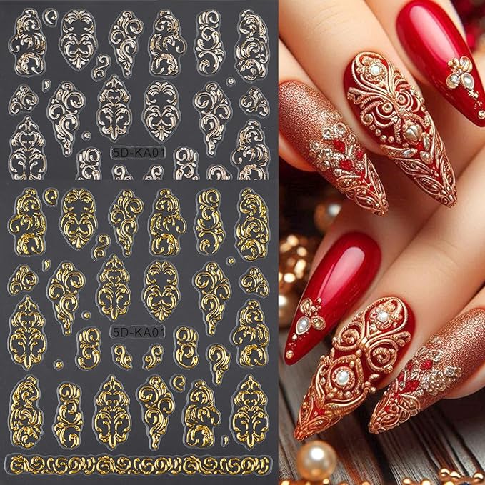 3Sheets Flower Pattern Nail Art Stickers 5D Embossed Gold Silver Flowers Vine Designs Nail Decals Self-Adhesive Rose Gold Floral Texture Nail Sticker Spring Summer Nails Supplies for Women Nails Decor