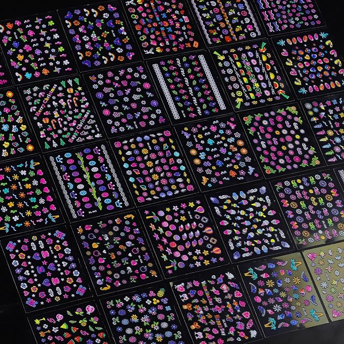 FANDAMEI Nail Stickers for Girls, 30 Sheets Cute Kids Nail Stickers for Nail Art, 3D Self-Adhesive Glitter Floral Fruit Heart Decals for Women, Little Girl Nail Decals for Design