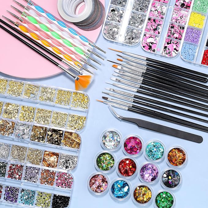 Nail Art Kit for Beginners with Nail Brushes Set and Dotting Tools, Jumbo Holographic Glitter Sequins 2-6mm Rhinestones 3D Colorful Flowers Metal Studs Striping Tape with Tweezers (04-Black)