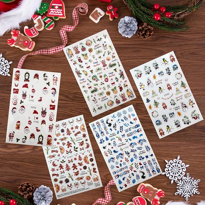5 Sheet Christmas Nail Art Stickers with Santa Claus Snowflake Elk Deer Snowman Xmas Tree Design Manicure Decal Winter Cartoon Nail Decals Nail Art DIY Decor Supplies for Women
