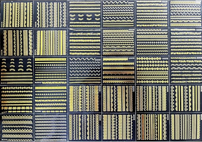 30 Sheets Gold Line Nail Art Stickers Gold Lace Nail Stickers 3D Self-Adhesive Gold Nail Decals Acrylic Nails DIY Design Nail Supplies for Women