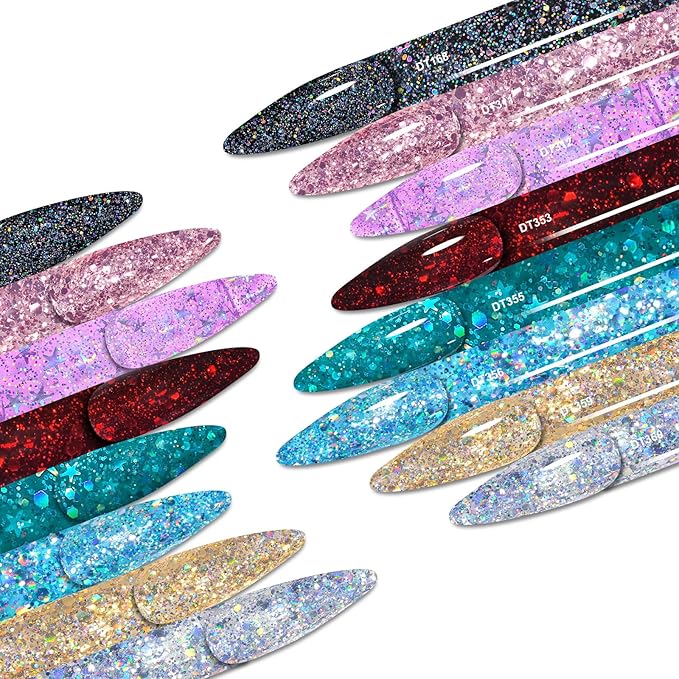 MEET ACROSS 8 Colors Glitter Gel Nail Polish Sparkly Shiny Gold Silver Pink Gel Polish Kit Glitter Red Black Blue Nail Polish Set Manicure Nail Art DIY Salon Home Holiday Gift for Women