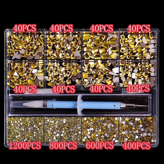 3320Pcs Lemon Yellow Nail Art Rhinestones Crystal,3D Rhinestones Gems Jewels Diamond,24 Types of 320 Diamonds + 3000 Round Beads, Crystals 3D Flat Back Gemstones for Nail DIY Crafts with Tweezers Pen